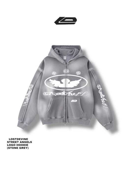 LOSTDEVINE street angels faded grey hoodie