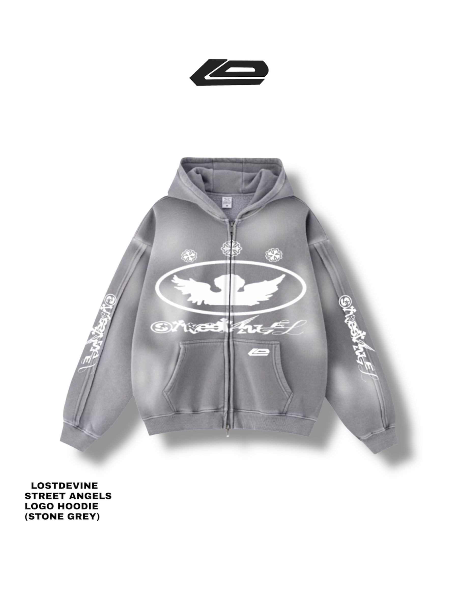 LOSTDEVINE street angels faded grey hoodie